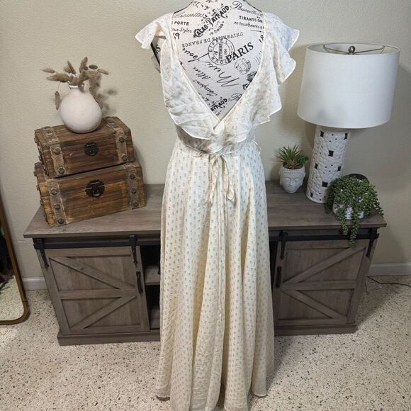 Yumi Kim Iris Ivory/Gold Swiss Dot Lurex Maxi Wrap Dress Ruffle Formal Size S - Picture 6 of 11